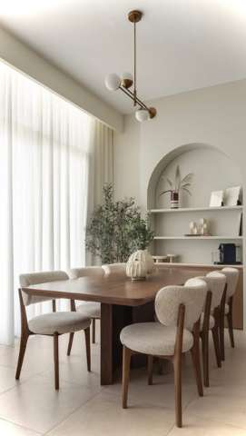 Dining room with solid wood table and custom joinery, fit-out by Level Up Interior Design