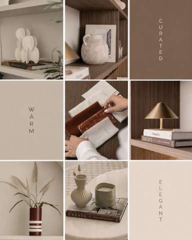 Styled interior detail moodboard with sculptural objects and natural materials, reflecting Level Up Interior Design's material direction